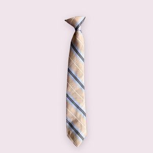 Boy's CLIP-ON Neck Tie in Tan with Light Blue, Black and White Stripes